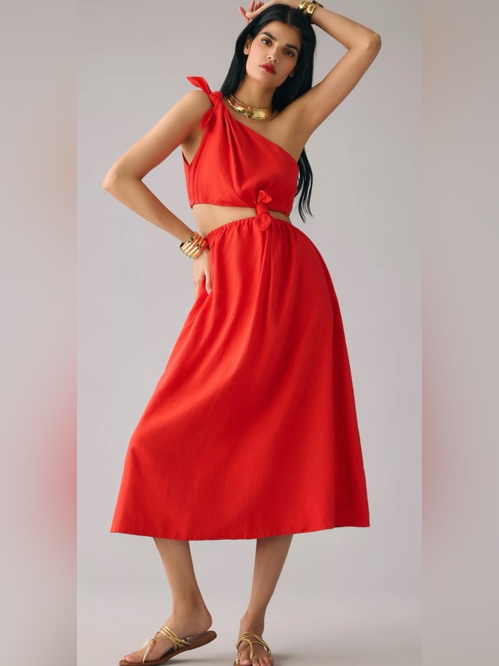 FARM Rio Red One Shoulder Cutout Midi Dress Linen Viscose Blend Size L